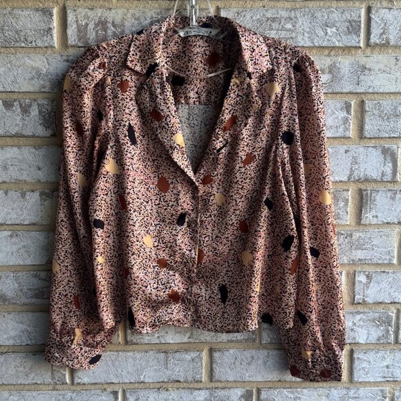 Zara Long Sleeve Button Up Satin Abstract Blouse Women's Size S - Picture 1 of 8